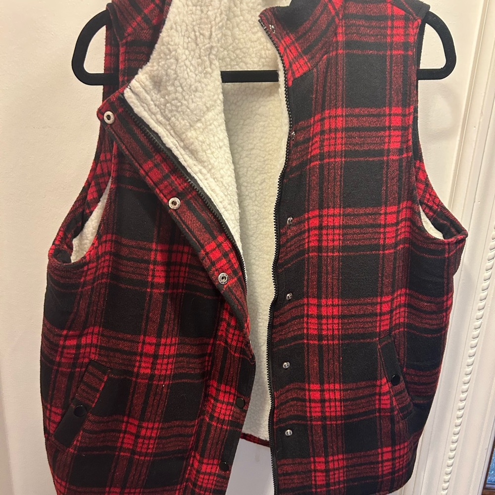 Red and Black Plaid Sherpa Vest